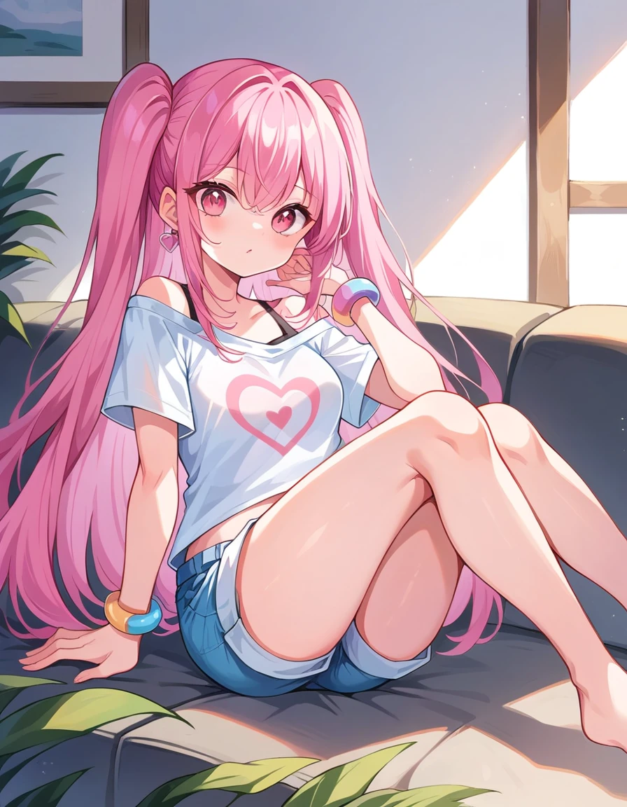 a girl with long pink hair and white streaks, vibrant pink eyes and small breasts. She wears a pink and blue outfit, next to a blue heart earring, colorful bracelets and sunglasses with light purple lenses, Her outfit is cute and short, But provocative and inviting, short rosa / pink short shorts, blusa azul , sitting on the living room sofa, resting your cheek on your hand and your elbow on the sofa. She smiles annoyingly and mischievously. pink hair with white highlights. face detailed, short de cor rosa, 小柄.