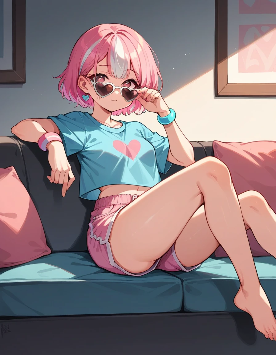 a girl with long pink hair and white streaks loose, vibrant pink eyes and small breasts. She wears a pink and blue outfit, next to a blue heart earring, colorful bracelets and sunglasses with light purple lenses, Her outfit is cute and short, But provocative and inviting, pink shorts/ pink short shorts, blue blouse, sitting on the living room sofa, resting your cheek on your hand and your elbow on the sofa. She smiles annoyingly and mischievously. pink hair with white highlights. face detailed 