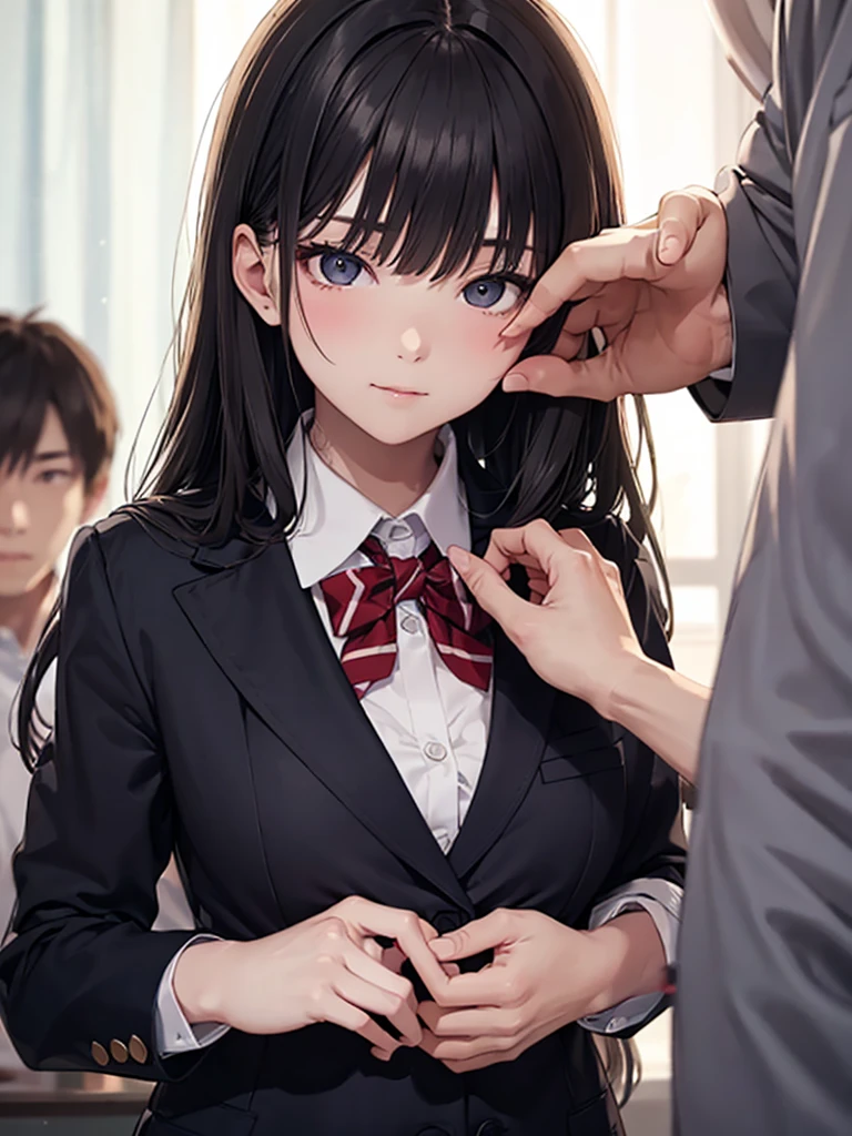 masterpiece、High definition photo quality、8k、1 high school girl、uniform、One man、nsfw、Cool guy、((A man touches a woman&#39;s nipples from behind:1.8))、((Angry expression:1.8))、(Pleated mini skirt)、A woman tries to escape、Panties are visible、Tight-fitting blouse、White knee-high socks、Look down、Big eyes、Straight long hair、