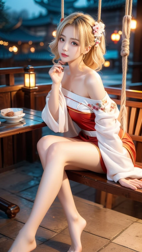 whole body, Shot from random angles, Chinese Beauty, Random Scenes, group photo, elegant, dignified, Slim, Slim waist, curls, Period clothing, Hanfu, Tang Suit, Off-shoulder, Chinese, Floral, pattern, High waist, Beautiful belt, warm light, Warm colors slender legs, night, moonlight, Sitting on a swing, swing, warm light, Warm colors, Dynamic poses, elegant posture, blond hair, Striped hair, Hair accessories, Heart-shaped pupil, cosmetic, A faint smile, Shy, Licking lips, Social realism, Chiaroscuro, Motion Blur, comfort, Sony FE GM, Ultra HD, masterpiece, Textured Skin, Super Detail, Best quality