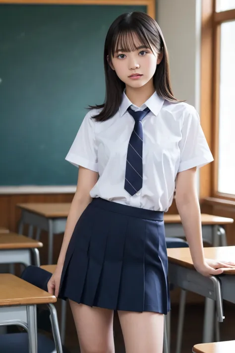 Highest quality,Ultra-high resolution,high school girl,1 person,whole body,Black Hair, Cool look,Looking into the camera,Beautiful Skin,High School Uniform, tie,Small breasts,Checked skirt,Classroom after school,Standing pose