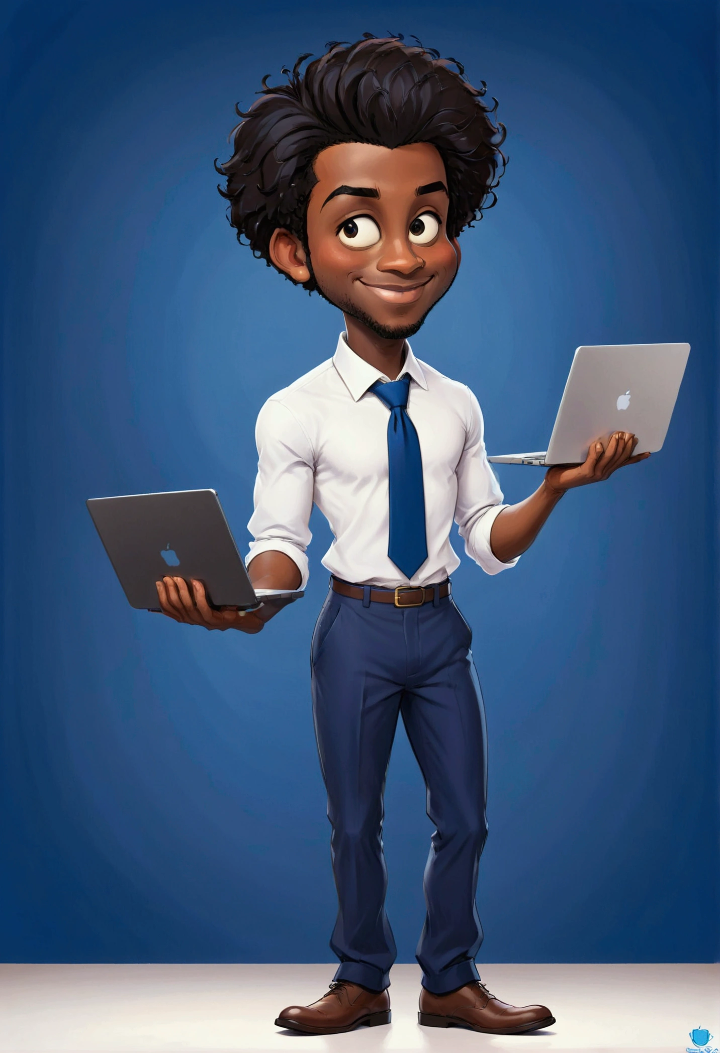 full view, animated whimsical, silly cartoon style of a tall handsome black male character, a white shirt, blue tie, navy blue pants, and brown shoes, he stands while holding,  and looking at his laptop screen. His black hair is a short afro , and he's smiling . The background is plain white, putting all focus on him.