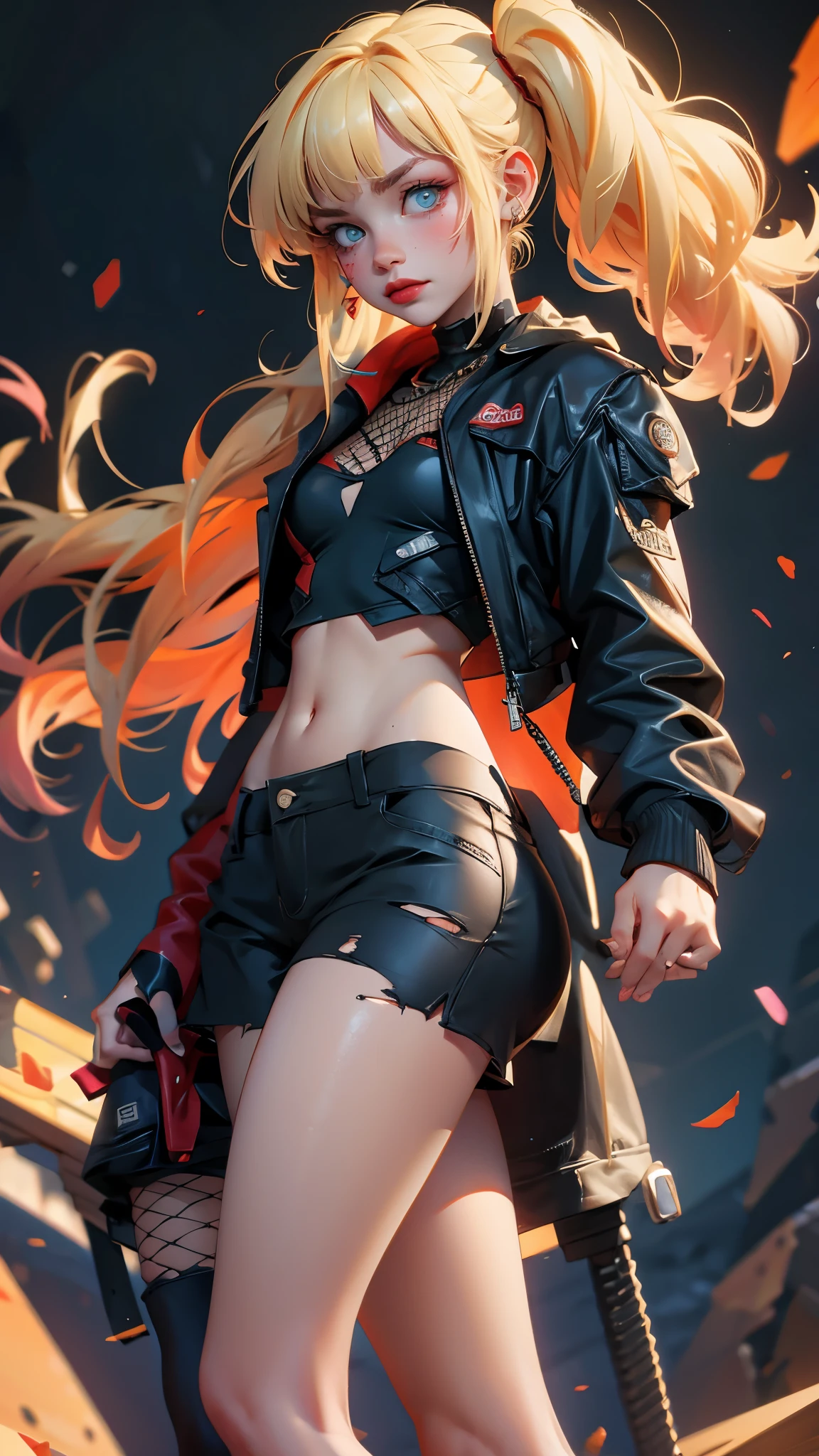 envision a 8k, highres, cinematic, beautiful full body Pinup of a sexy soft woman with a slender muscular  body, young face, tan skin, long blonde hair, side locks, long bangs, green eyes, jacket, t shirt, short shorts, combat boots, torn socks, torn fishnet, ((((1girl)))), in dark lighting, against a dark gray background