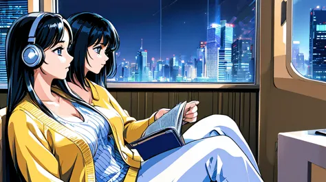 profile of a beautiful 1girl with  headphones reading a book outside the window is a skyscraper night view　cleavage　black hair　s...