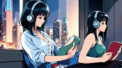 profile of a beautiful 1girl with  headphones reading a book outside the window is a skyscraper night view　cleavage　black hair　s...