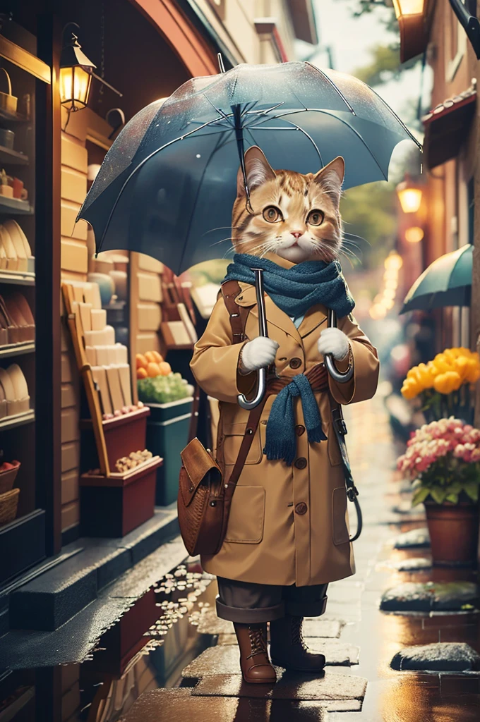 HDR,UHD,8K,Highly detailed,realistic,photo-realistic:1.37),best quality,masterpiece,maomi,scarf,umbrella,blurry,holding,blurry background,outdoors,transparent umbrella,transparent,holding umbrella,boots,standing,solo,brown footwear,coat,pants,blue scarf,