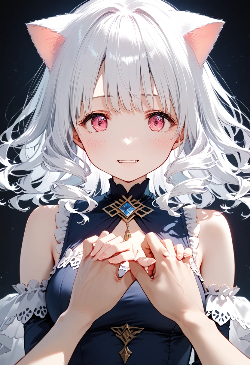 score_9, score_8_up, score_7_up, 1girl, (masterpiece), (best quality), (ultra detailed),(disheveled hair),(illustration), (1girl), An anime girl with a pair of Cat ears, the inside of the ears a soft white fluff, her eyes wide and curious, she Excited and happy to see me, beautiful eyes, white hair, pink eyes, good art, good drawing, anime 2d, 2d, cute, 2 hands and 5 fingers on each hand, beautiful hands, good drawn hands, 4k, 8k,