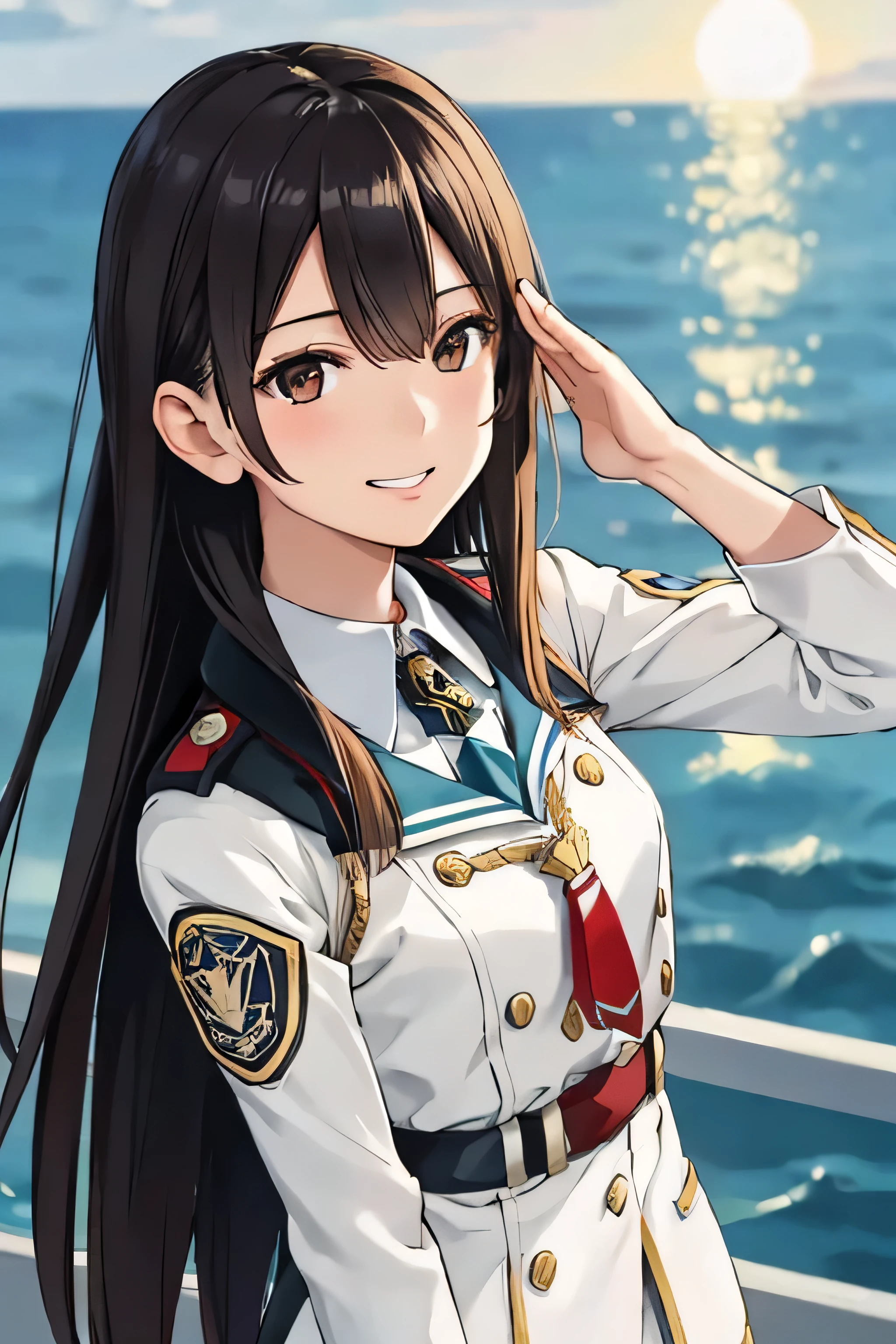 1girl,solo, long straight dark hair, white skin, blush,2000s,masterpiece,ultra-detailed,high resolution,perfect body,detailed long hair,detailed brown eyes, anime, (illustration:1.0), beautiful fingers, beautiful hands, moon face, cinematic lighting, small breasts, masterpiece, best quality, depth of field, official art, dynamic angle, close to viewer, from above, light smile, salute, half closed eyes, {slender}, {{standing on a high place}}, {{background is ocean}}, {{{battleship}}}, {strong wind}, detailed sky, floating hair, beautiful detailed hair, detailed clothes, {{naval uniform}}, {{army commander uniform}}, {{insignia}}, Lots of medals, hair accessories, bird in flight, {{masterpiece}}, {{best quality}}, {{intricate detailed}}, {{high resolution}}, {{extremely detailed CG}}, {{ultra-detailed}}, {{an extremely delicate and beautiful}},