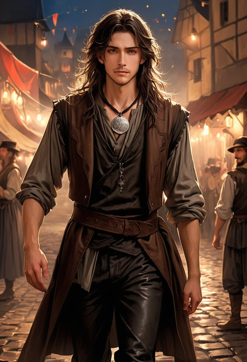 masterpiece, safe, best quality, expressive eyes, perfect face a young anime man with long hair of shoulder length dark brown color falling in messy waves. brown eyes. in renaissance, historical, fantasy standing in a festival town at night time with a calm expression. He wore his tunic with a leather vest, along with his usual black pants and boots, with a silver medallion hanging around his neck.