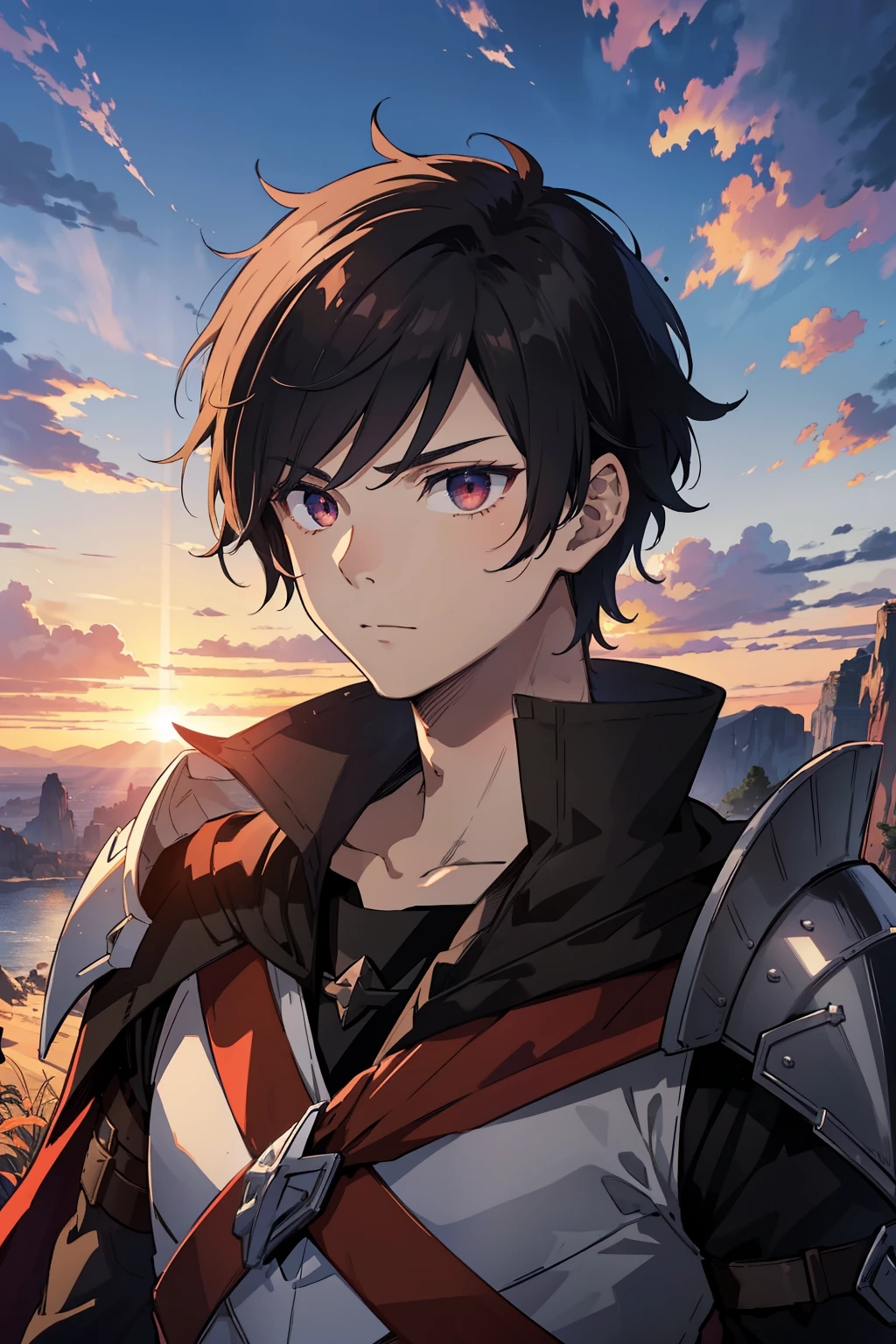 (high-quality, breathtaking),(expressive eyes, perfect face) 1boy, male, solo, young adult, Symmetrical Eyes, portrait, black hair, red eye color, short hair length, messy loose hair, neutral expression, soft smile, white shirt, black cloak red trim, fantasy attire, adventurer profession, sunset sky, summer theme, armor, cape
