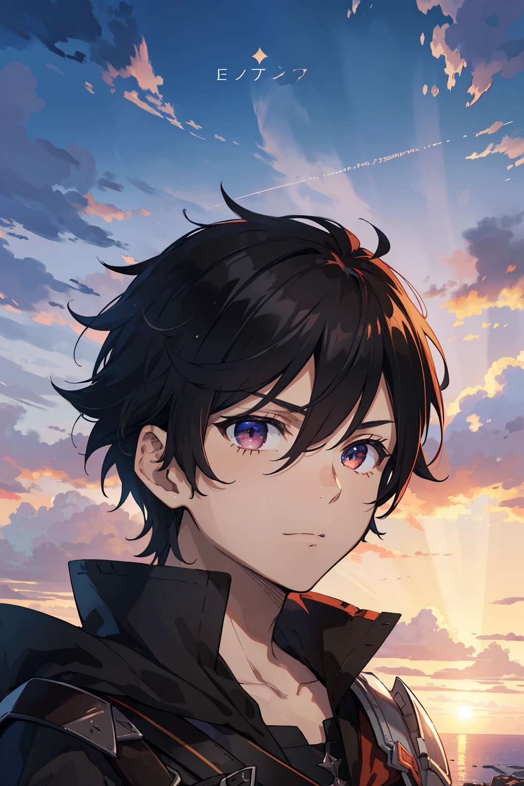 (high-quality, breathtaking),(expressive eyes, perfect face) 1boy, male, solo, young adult, Symmetrical Eyes, portrait, black hair, red eye color, short hair length, messy loose hair, neutral expression, soft smile, white shirt, black cloak red trim, fantasy attire, adventurer profession, sunset sky, summer theme, armor, cape
