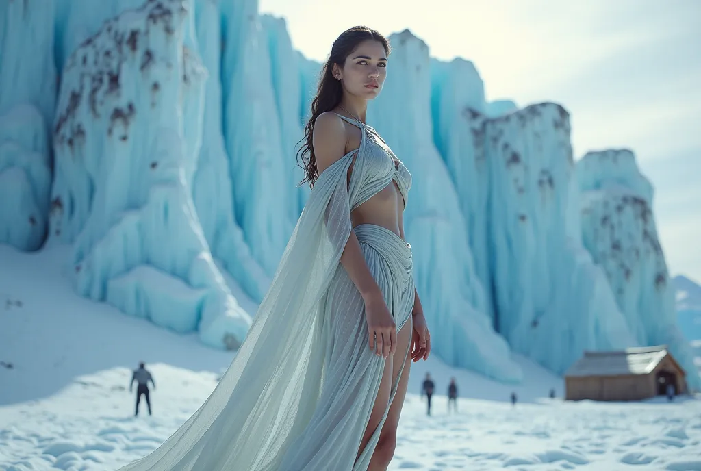 ((masterpiece, Highest quality, Best image quality, High resolution, Realistic, RAW Photos, 8k, Highly detailed CG synthesis 8k wallpaper)), (Huge and stunning goddess shot, Very hot and sexy, Incredible beauty, Perfect Proportions, Beautiful body, Slim body beauty:1.4), A woman stands in front of a huge ice wall where a research team discovered 35,000-year-old remains in the Antarctic ice, (view from below:1.3), 