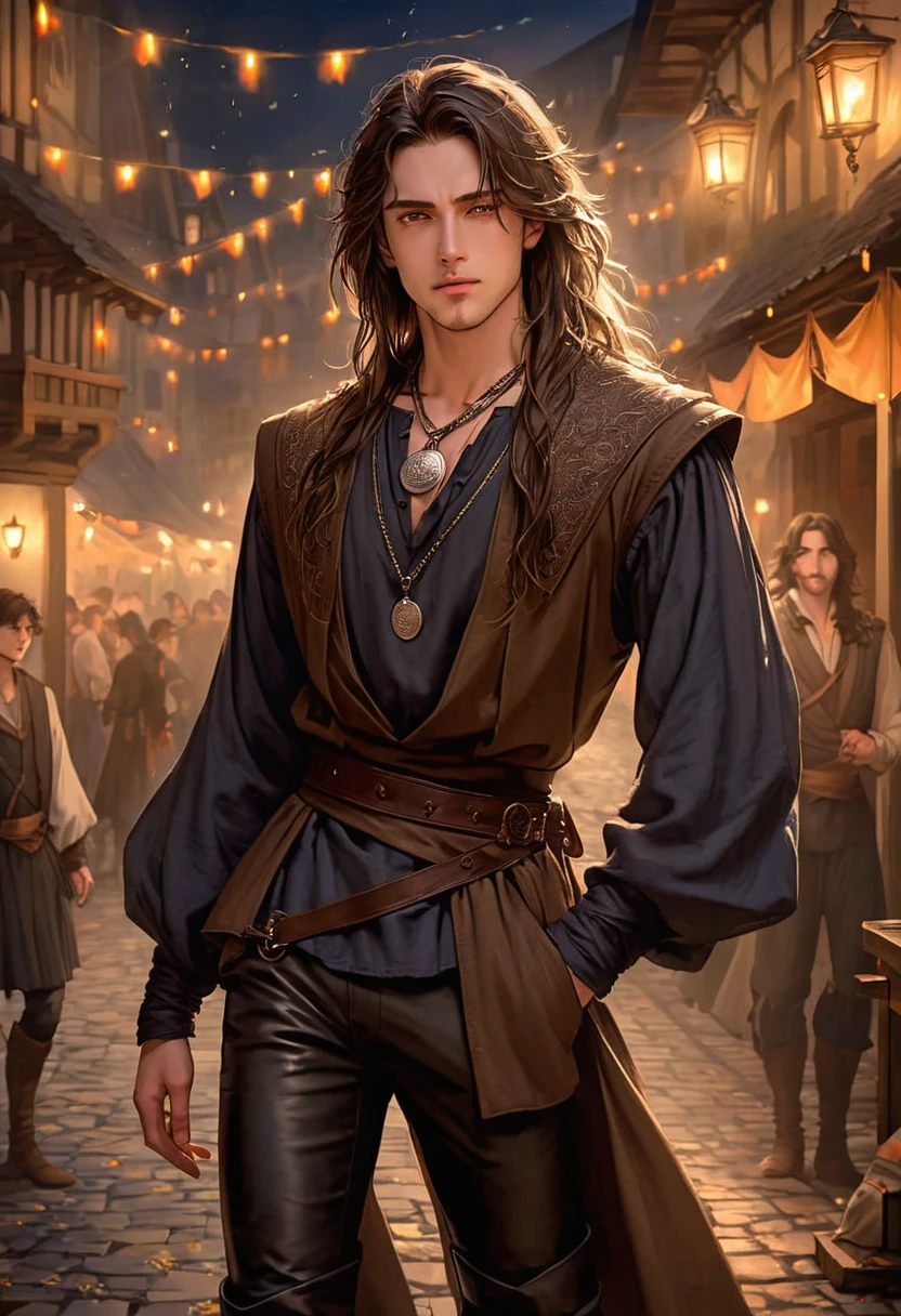 masterpiece, safe, best quality, expressive eyes, perfect face a young anime man with long hair of shoulder length dark brown color falling in messy waves. brown eyes. in renaissance, historical, fantasy standing in a festival town at night time with a calm expression. He wore his tunic with a leather vest, along with his usual black pants and boots, with a silver medallion hanging around his neck.