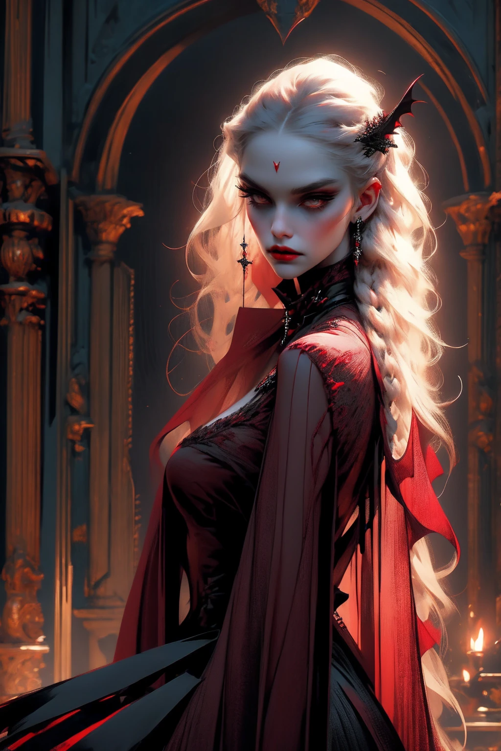 Beautiful vampire woman , long white hair , Eyes red , black gown , black victorian dress , piercing look and red lipstick