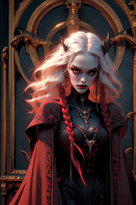 beautiful vampire woman , very long white hair ,red golden eyes , black gown , black victorian dress , piercing look and red lip...