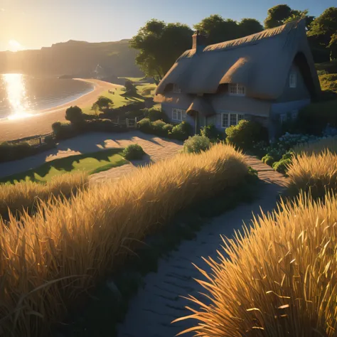 a seaside thatched cottage, golden hour sunlight, long shadows, highly detailed, photorealistic, 8k, masterpiece, dramatic light...