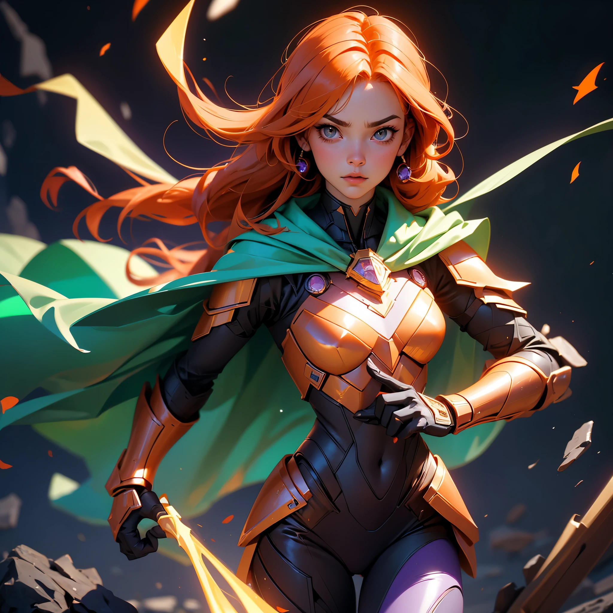 envision a 8k, highres, cinematic, beautiful close up face Pinup of a Strong warrior woman with masculine features with a slender masculine body, flat chest, thin lips,  strong face, long orange hair, side locks, long bangs, brown eyes, Kang The Conqueror Suit, Marvel, Cybernetic Suit, Green Cape, Purple Armor, ((((1girl)))), in dark lighting, against a dark gray background