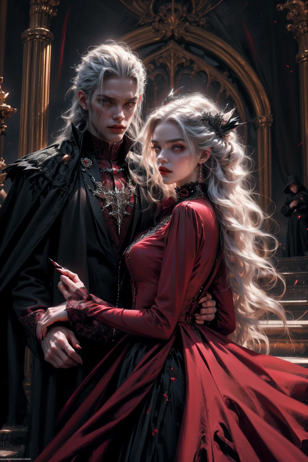 Beautiful vampire woman , very long white hair ,red golden eyes , black gown , black victorian dress , piercing look and red lipstick