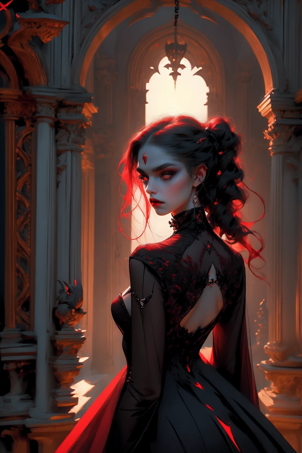 Beautiful vampire woman , very long white hair ,red golden eyes , black gown , black victorian dress , piercing look and red lipstick, backwards, looking back