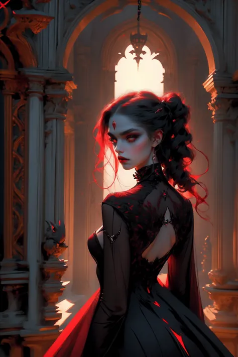 beautiful vampire woman , very long white hair ,red golden eyes , black gown , black victorian dress , piercing look and red lip...