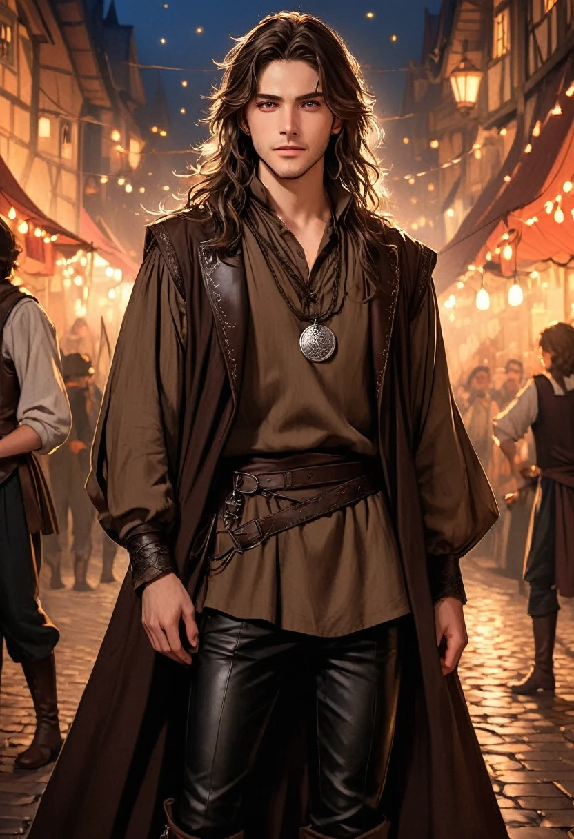 masterpiece, safe, best quality, expressive eyes, perfect face a young anime man with long hair of shoulder length dark brown color falling in messy waves. brown eyes. in renaissance, historical, fantasy standing in a festival town at night time with a calm expression. He wore his tunic with a leather vest, along with his usual black pants and boots, with a silver medallion hanging around his neck.