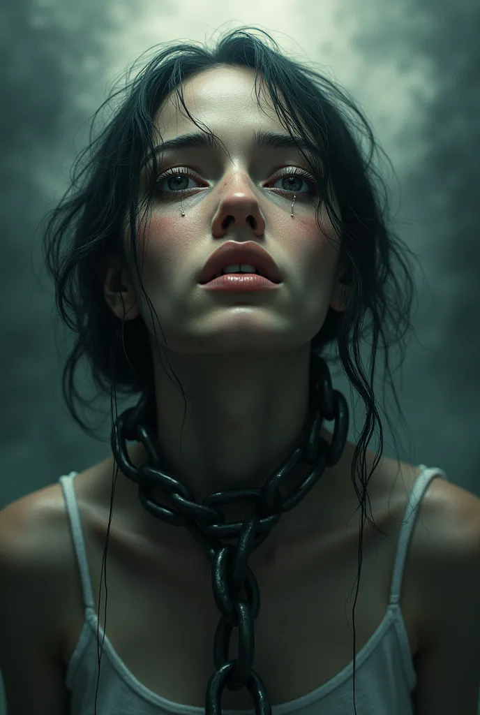 Make a female person chained by the neck inside the mind Crying