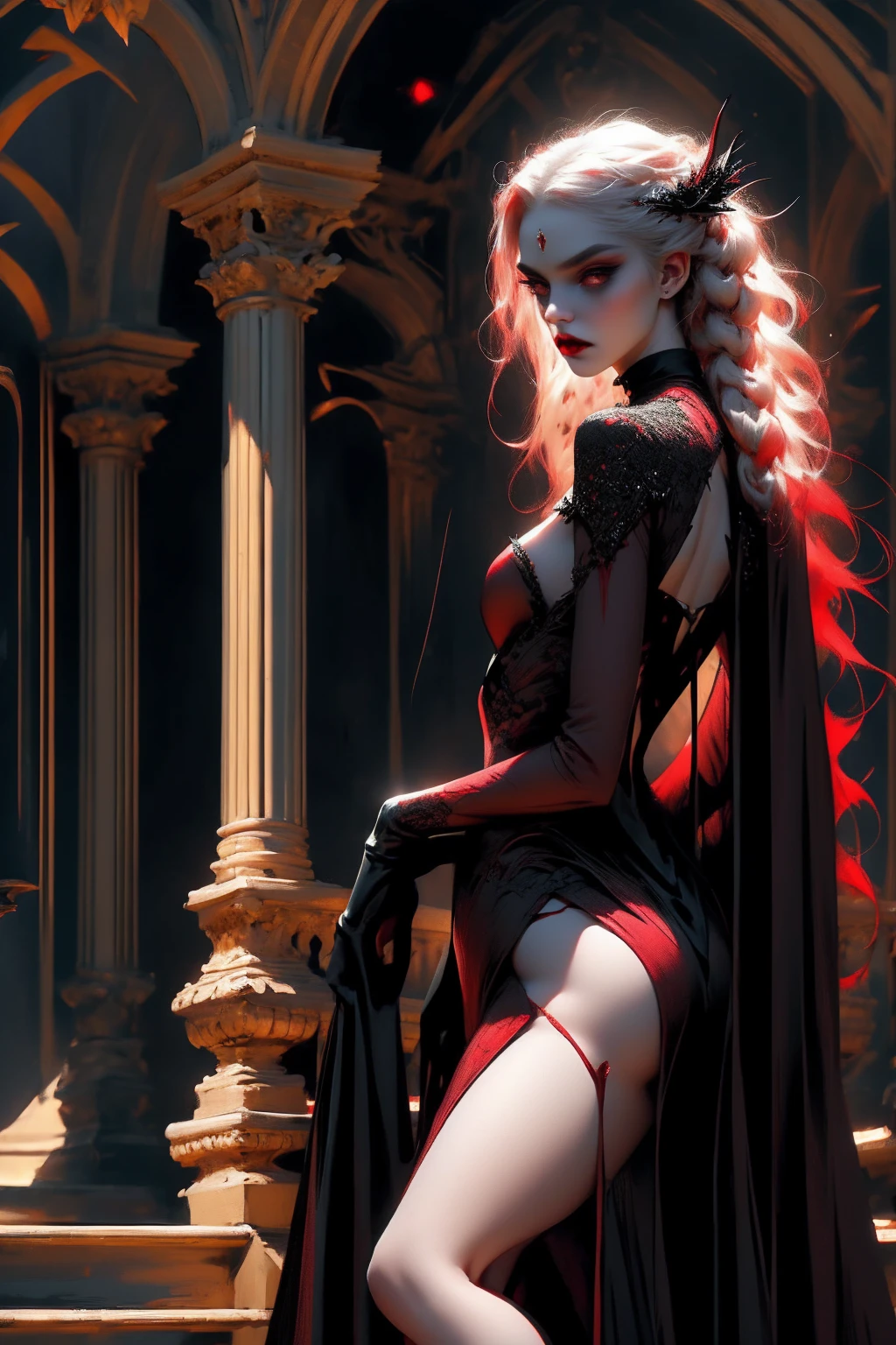 Beautiful vampire woman , very long white hair ,red golden eyes , black gown , black victorian dress , piercing look and red lipstick, backwards, looking back