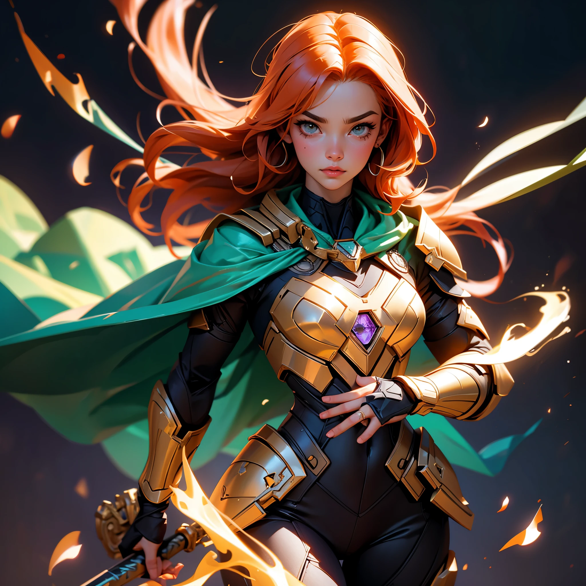 envision a 8k, highres, cinematic, beautiful close up face Pinup of a Strong warrior woman with masculine features with a ((masculine muscular body)), ((flat chest)), manly features, thin lips,  strong face, long orange hair, side locks, long bangs, brown eyes, Kang The Conqueror Suit, Marvel, Cybernetic Suit, Green Cape, Purple Armor, ((((1girl)))), in dark lighting, against a dark gray background