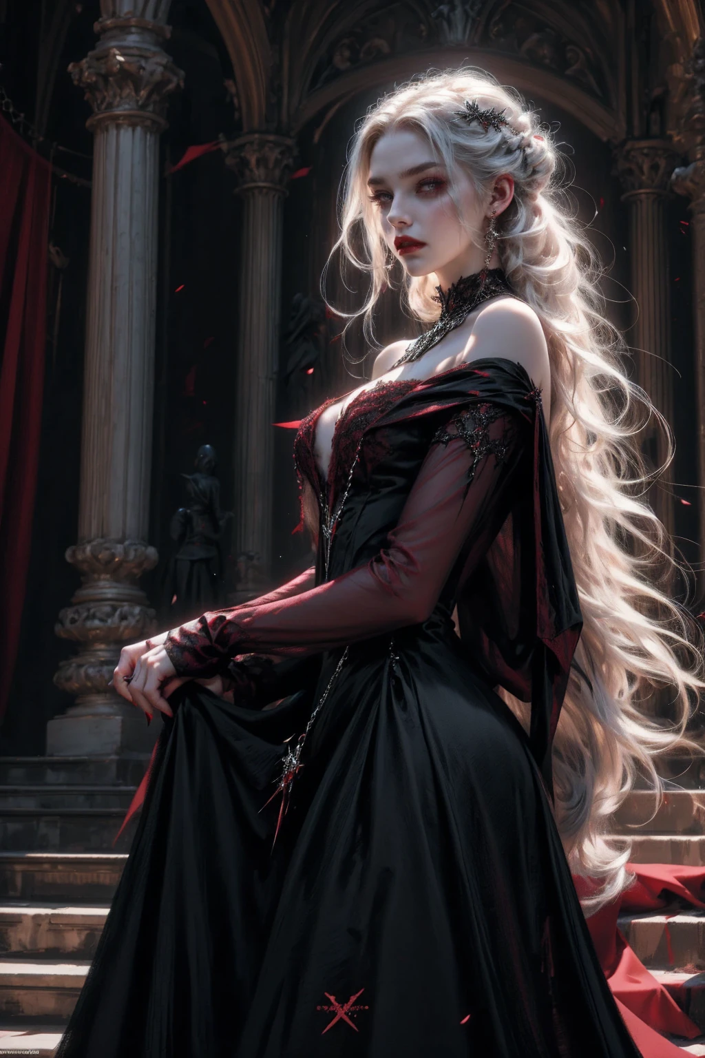 Beautiful vampire woman ,pale skin, very long white hair ,red golden eyes , black gown , black victorian dress , piercing look and red lipstick