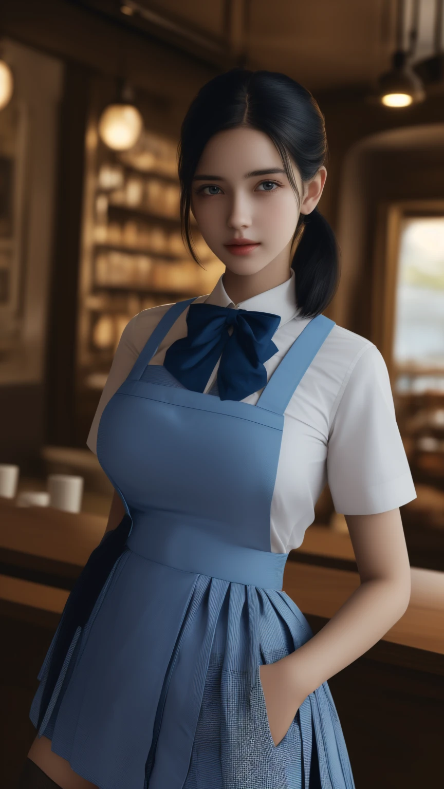 (2 woman ), ((extremely detailed 8k illustration)), highres, (extremely detailed and beautiful), ultra detailed painting, professional illustrasion, Ultra-precise depiction, Ultra-detailed depiction, (beautiful and aesthetic:1.2), HDR, (depth of field:1.4), professional illustrasion, 
A coffee shop in the cooler fall weather., 
Today, too, I enter the store in search of my morning cup of coffee., 
A girl in a uniform welcomes me again today., 
(girl), (teenage), (highly detailed beautiful face and eyes,big breasts firm breasts), oily skin, ((black hair,black eyes,short bob with short pony tail hair)), thin pubic hair, cute, lovely, , (kobeya uniform:1.3), (gingham-check suspender-apron:1.3), (solid-blue high-waist skirt:1.3), (apron over skirt:1.2), (white blouse:1.3), (double-breasted,underbust:1.2), short sleeves, button gap, (solid-blue bow-tie:1.2), smile, looking at viewer,