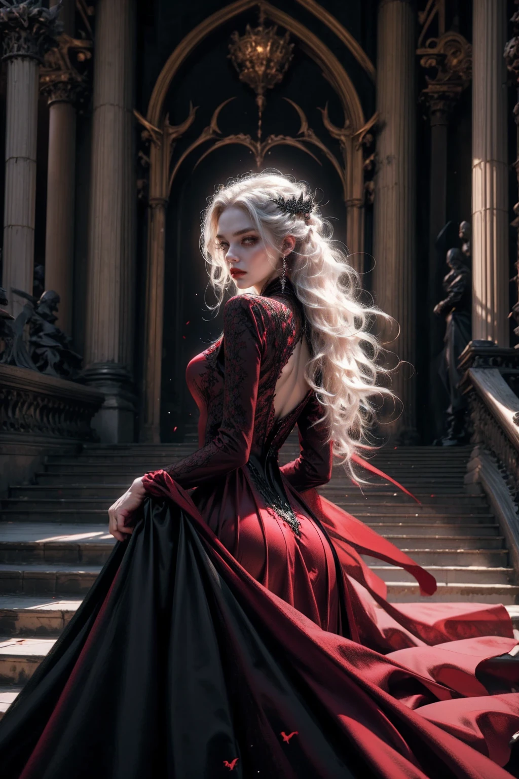 Beautiful vampire woman ,pale skin, very long white hair ,red golden eyes , black gown , black victorian dress , piercing look and red lipstick, backwards, looking back