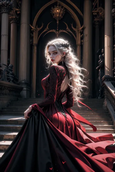 beautiful vampire woman ,pale skin, very long white hair ,red golden eyes , black gown , black victorian dress , piercing look a...