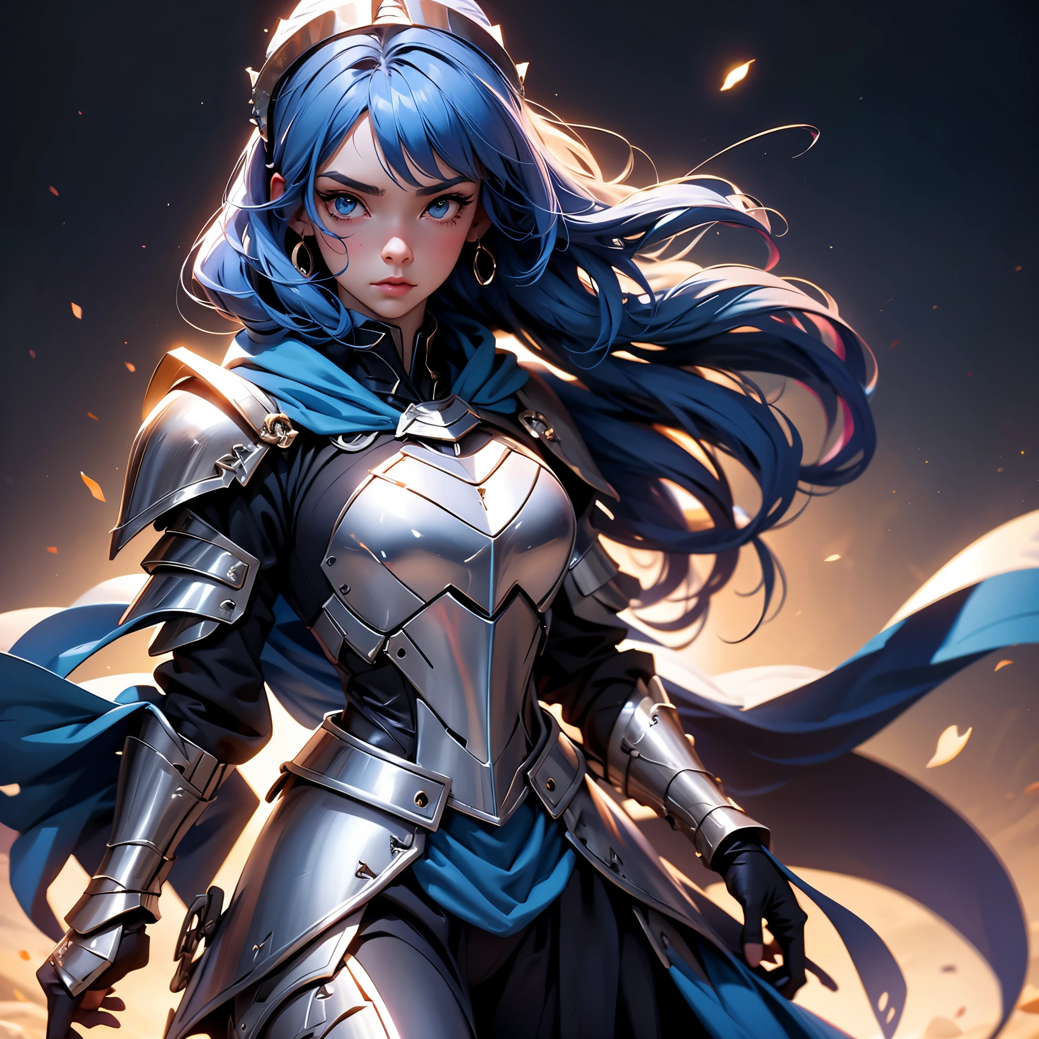 envision a 8k, highres, cinematic, beautiful extreme close up face Pinup of a sexy strong warrior queen with a slender muscular body, mature older face, tan skin, (((long dark Cerulean blue colored hair))), side locks, long bangs, Cerulean blue colored eyes, saber, knight princess armor, maid armor, fate stay night, ((((1girl)))), in dark lighting, against a dark gray background