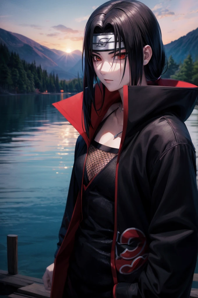 Uciha Itachi, (in a lake), masterpiece, best quality, ultra quality, absurd details, best light, best shadow, sharp, sharp picture, detailed face, detailed eyes, detailed hair, detailed, extremely detailed, great resolution, 8k, 4k, uhd, ray tracing, beautiful effects, image of (full body)