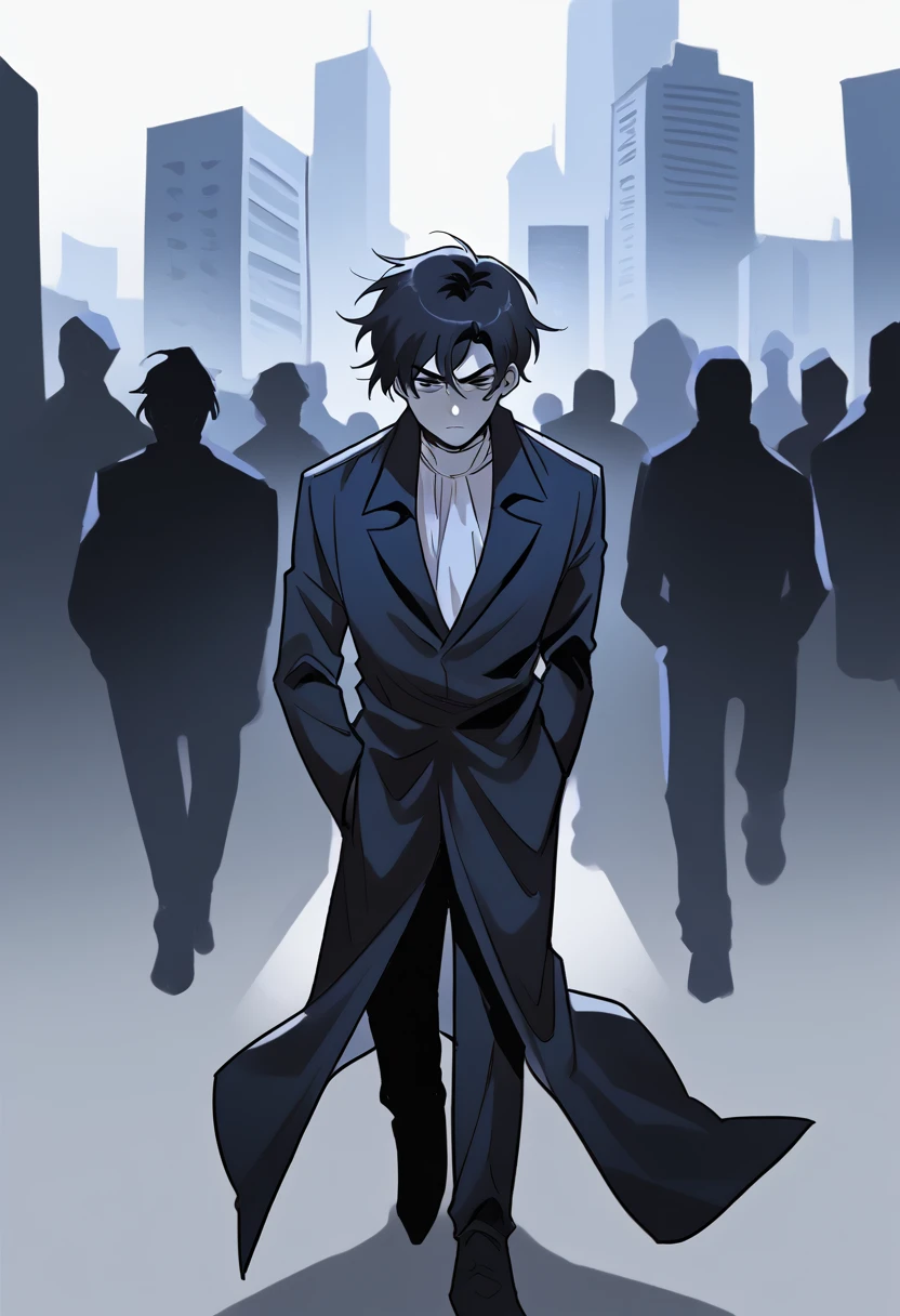 A boy, messy black hair, disheveled bangs, moletom vermelho, Eyes red. Walking at night in the center of an empty city. 独奏, high resolution, shorth hair, swept bangs, aretes, serious expression.simple background, アニメ, 