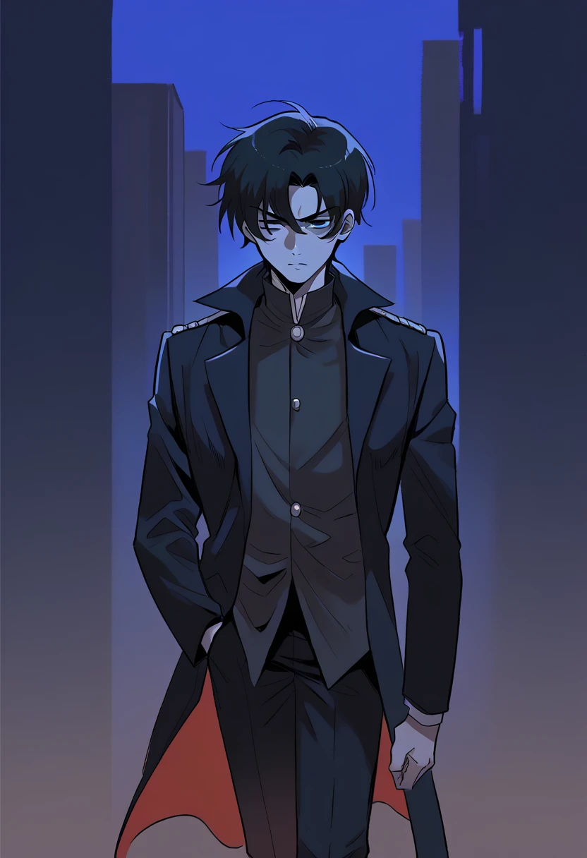 A boy, messy black hair, disheveled bangs, moletom vermelho, Eyes red. Walking at night in the center of an empty city. 独奏, high resolution, shorth hair, swept bangs, aretes, serious expression.simple background, アニメ, 