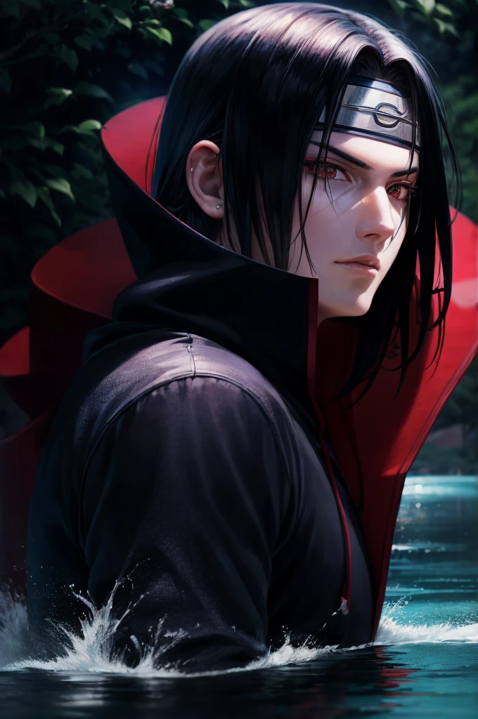 Uciha Itachi, (in a lake), masterpiece, best quality, ultra quality, absurd details, best light, best shadow, sharp, sharp picture, detailed face, detailed eyes, detailed hair, detailed, extremely detailed, great resolution, 8k, 4k, uhd, ray tracing, beautiful effects, image of (full body), 1boy