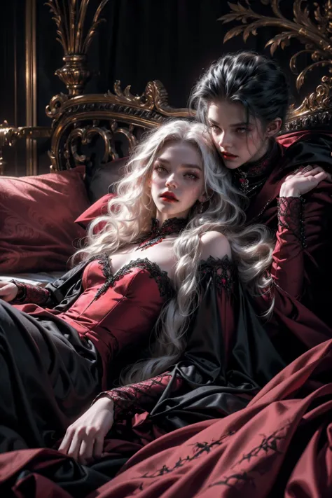 beautiful vampire woman ,pale skin, very long white hair ,red golden eyes , black gown , black victorian dress , piercing look a...