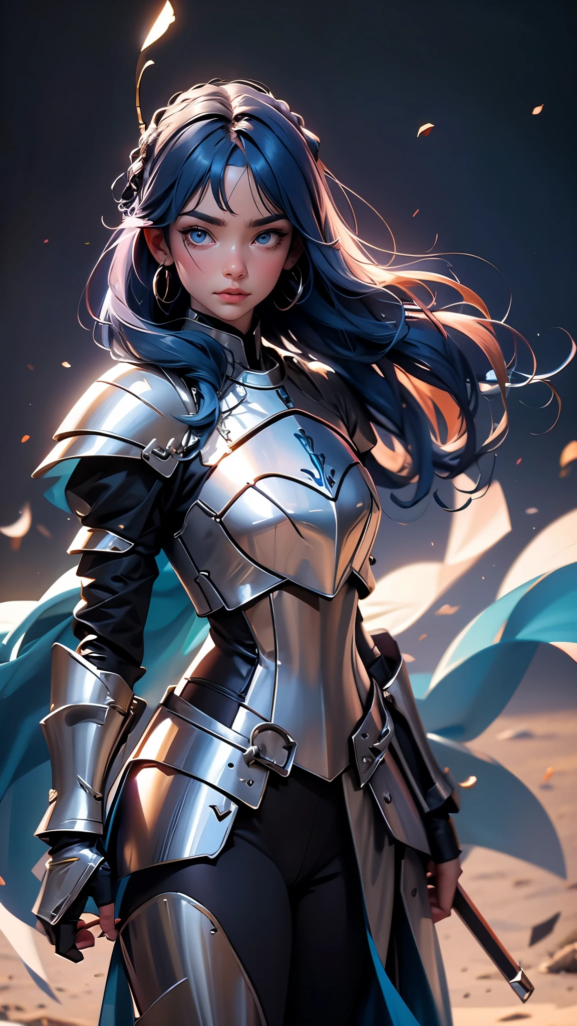 envision a 8k, highres, cinematic, beautiful full body Pinup of a sexy strong warrior queen with a slender muscular body, mature older face, tan skin, (((long dark Cerulean blue colored hair))), side locks, long bangs, Cerulean blue colored eyes, saber, knight princess armor, maid armor, fate stay night, ((((1girl)))), in dark lighting, against a dark gray background