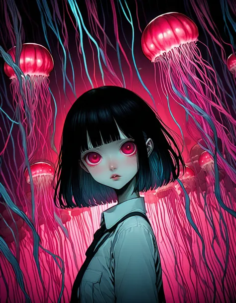 surreal horror, anime style, directed by junji ito, high contrast, vivid colors, eerie atmosphere, psychological tension, intric...