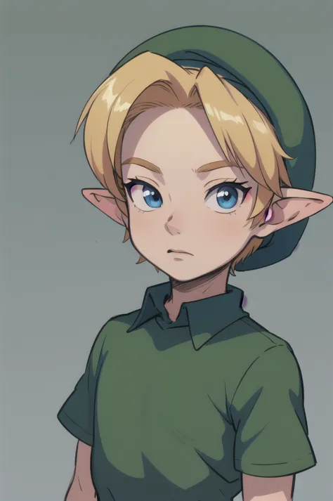 masterpiece, best quality, 1boy, younglink, blonde hair, blue eyes, hat, pointy ears, green shirt, closeup, sketch, simple backg...