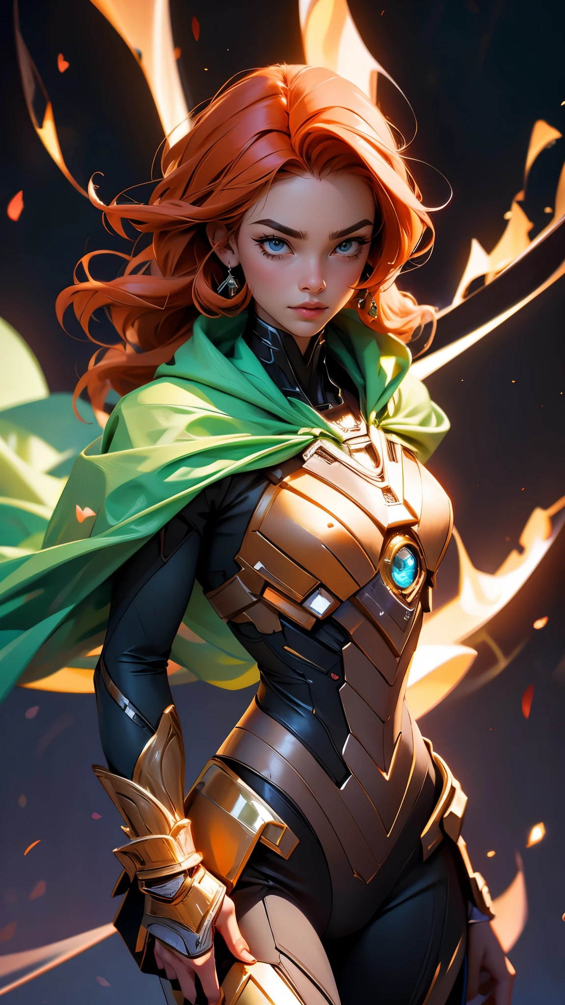 envision a 8k, highres, cinematic, beautiful full body Pinup of a Strong warrior woman with masculine features with a ((masculine muscular body)), ((flat chest)), manly features, thin lips,  strong face, long orange hair, side locks, long bangs, brown eyes, Kang The Conqueror Suit, Marvel, Cybernetic Suit, Green Cape, Purple Armor, ((((1girl)))), in dark lighting, against a dark gray background