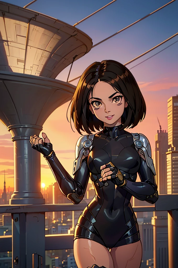 ((ultra quality)), ((Masterpiece artwork)), Alita battle angel, ((blackw, shorth hair)) (Beautiful cute face), (beautiful female lips), enchanting, ((excited expression)), looks at the camera with a gentle smile, eyes are slightly closed, (white skin color), Body shine, ((beautiful detailed female eyes)), ((lightbrown eyes)), (juicy female lips), (beautiful female hands), ((perfect female figure)), perfect female body, beautiful waist, fully body, beautiful thighs, beautiful breasts, ((subtle and beautiful)), he is, (close do rosto), (Alita costume) fund: cyberpunk city, beautiful sunset, ((Depth of field)), ((high quality clear image)), (sharp details), ((highy detailed)), realisitic, professional photo session, ((Focus Clear)), the anime