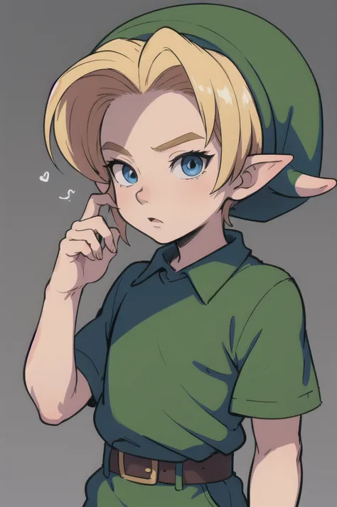 masterpiece, best quality, 1boy, younglink, blonde hair, blue eyes, hat, pointy ears, green shirt, closeup, sketch, simple backg...