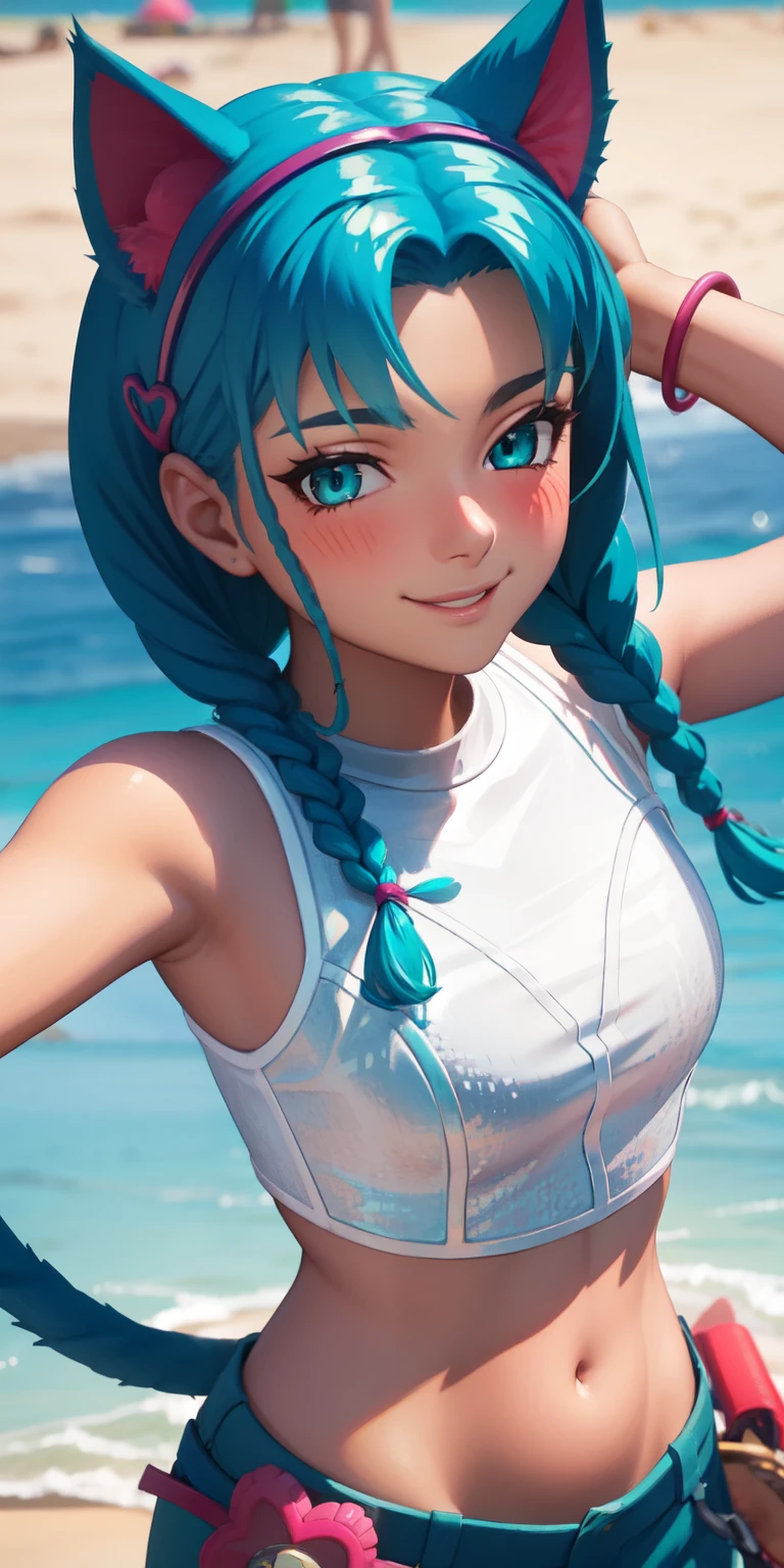 Beach background, 1girl, aqua hair, twin braids, short hair, aqua eyes, aqua eyeshadow, (blush:1.1),upper body,heart, (speed lines:1.1),medium breasts, love, navel, cat ears headband, hairband, white crop top, smile, looking at viewer