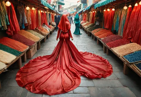 a woman shrouded in 9 meters of red silk shimmer, tight wrapped from the waist to the thighs and mermaid shape on the bottom of ...