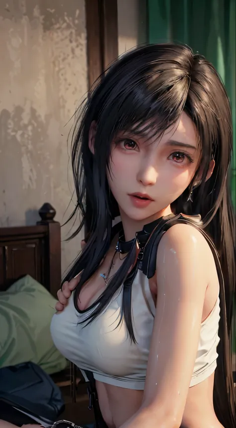 (highest quality, masterpiece: 1.1), (realistic: 1.3), (((ff7,tifa_lockhart))),(bed:1.3),arms up(handcuffs,chain),lock,first rou...