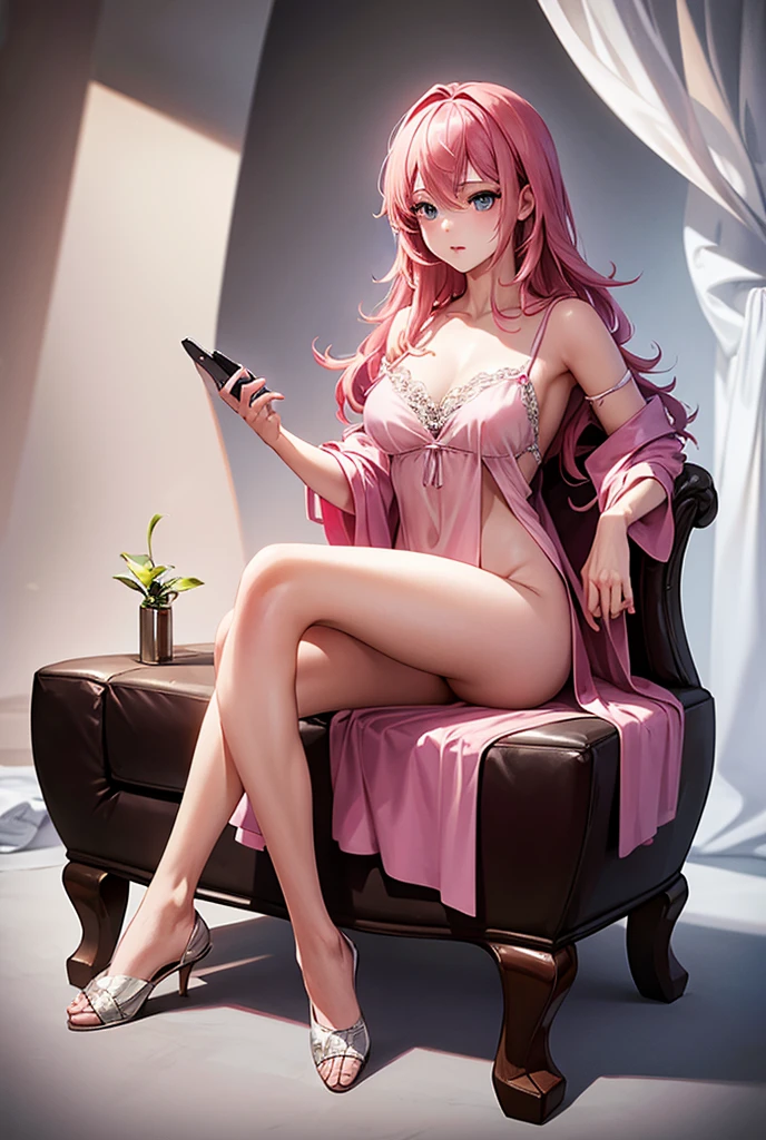 (masterpiece), best quality, expressive eyes, perfect face, {Full body} of a Girl with pink hair in negligee answering phone call while sitting, Perfect body