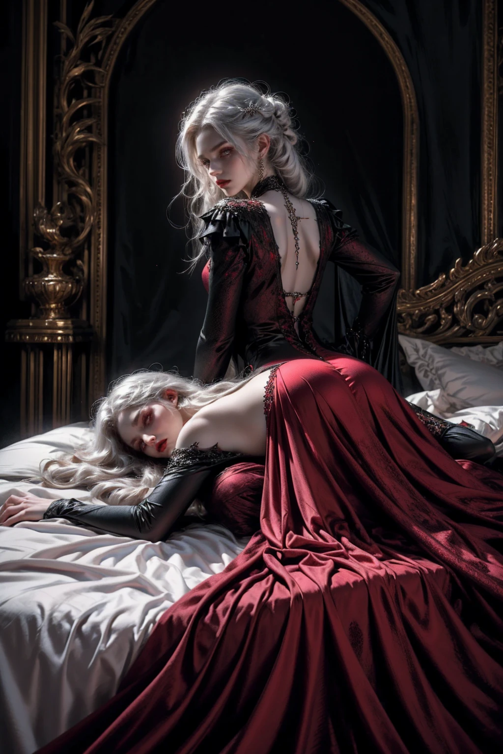 Beautiful vampire woman ,pale skin, very long white hair ,red golden eyes , black gown , black victorian dress , piercing look and red lipstick, laying on the bed, backwards, looking back