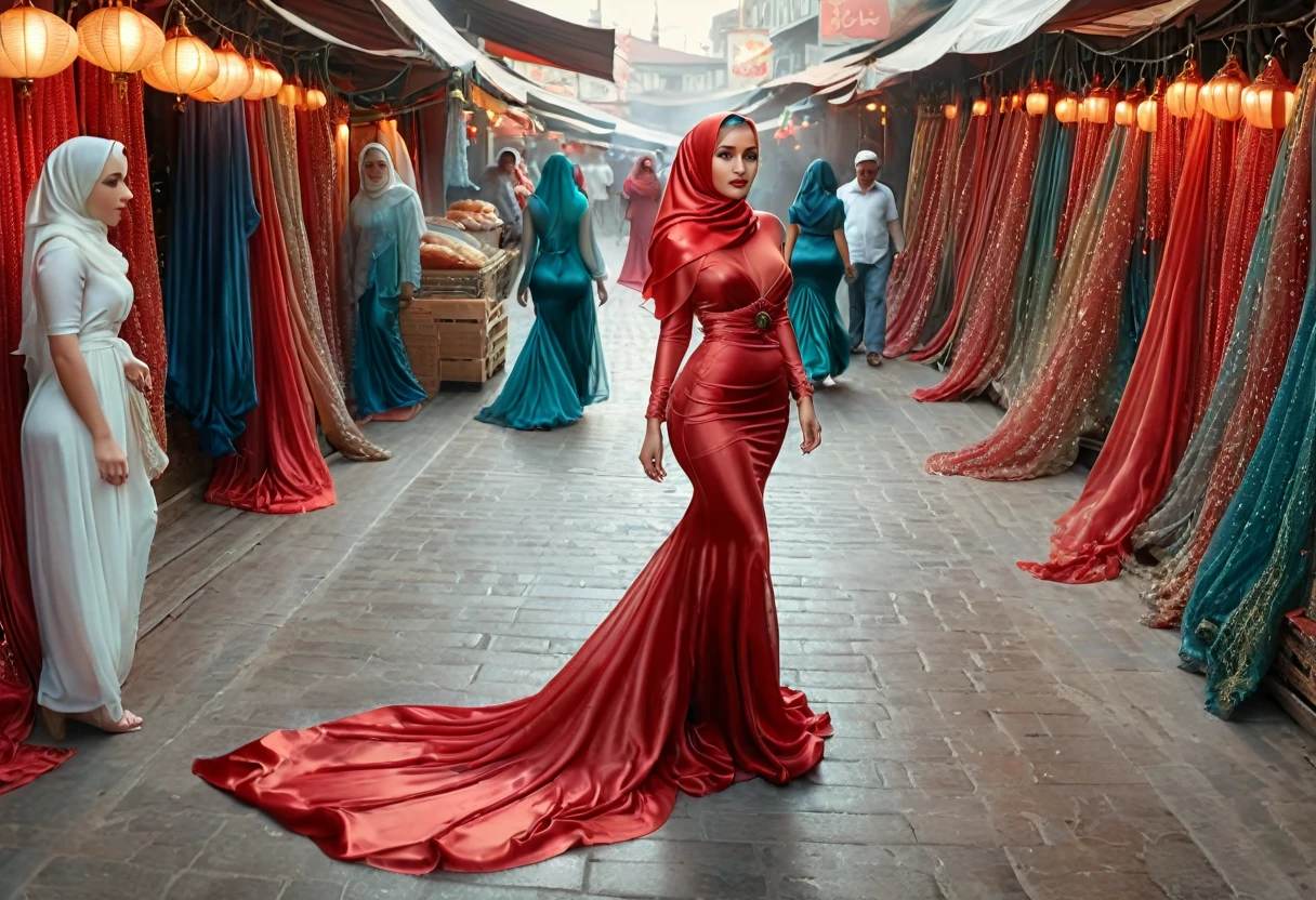 A woman shrouded in 9 meters of red silk shimmer, tight wrapped from the waist to the thighs and mermaid shape on the bottom of dress, tied tightly and magnificently draped along her body shape, big breeast, 9 meter long flowing dress tail on the floor, strugle to handle her dress,styled in mermaid inspired clothing, her head is simply veiled in a satin hijab, 185cm tall woman, walking in traditional coloth market, full body pose conveying an elegant impression, caught on camera in resolution 4k, very realistic